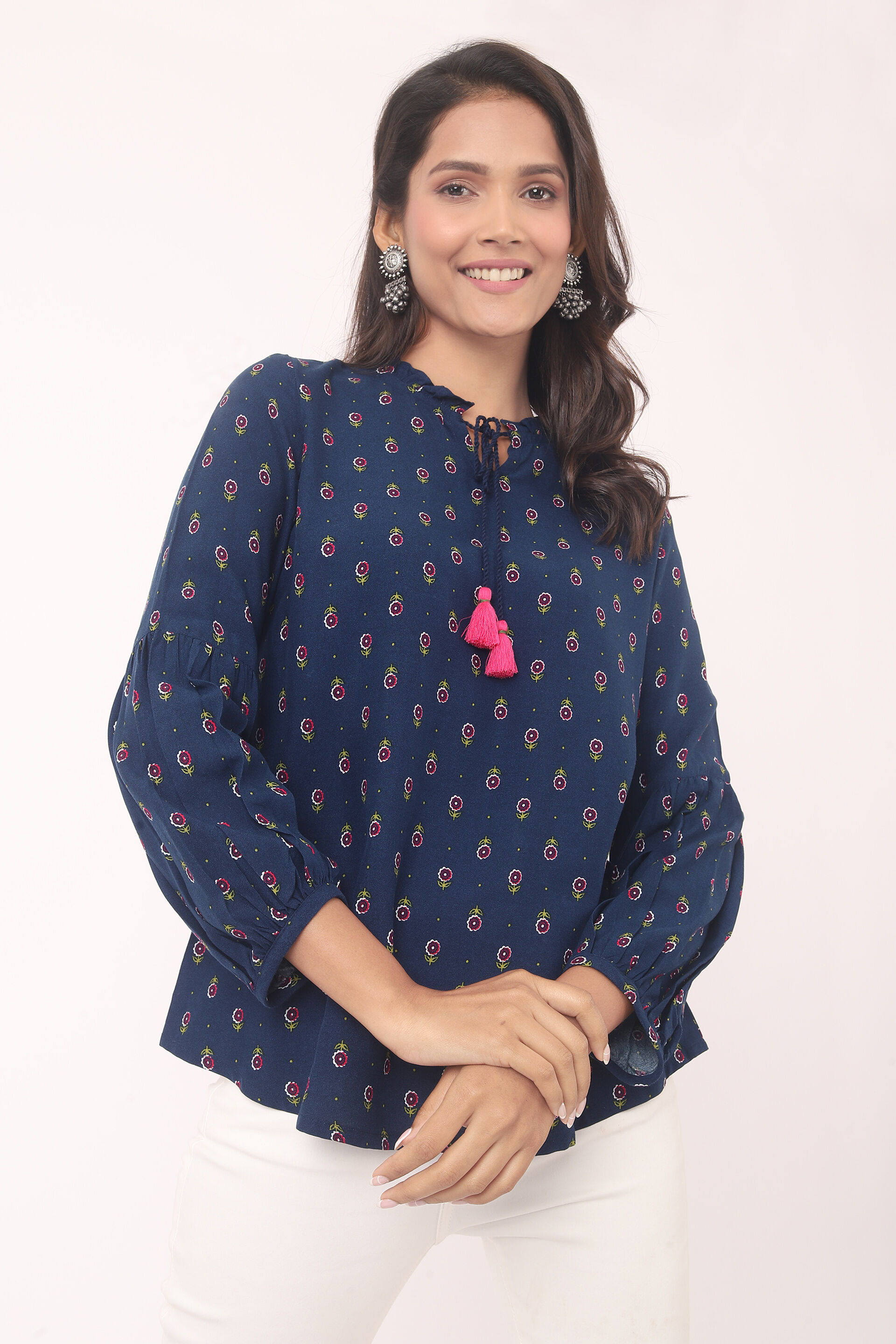 Blue Ethnic Motifs Curved Slip-On Top, Blue, image 3